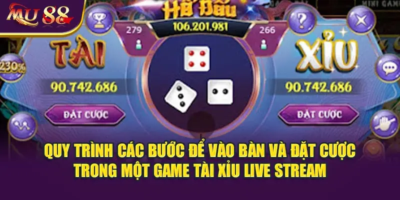 Quy trình các bước để vào bàn và đặt cược trong một game tài xỉu live stream.